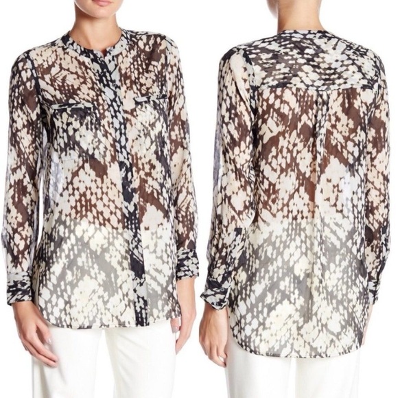 VINCE Basketweave Print 100% Blouse Size 12 Long Sleeve - Picture 1 of 11